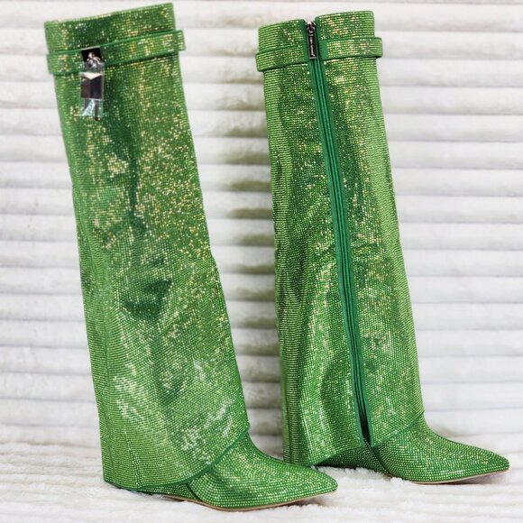 Super Sparkle Sharky Green Rhinestone Skirted Fold Over Wedge Heel Knee Boots - Picture 8 of 14